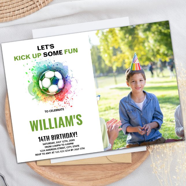 Watercolor Soccer Birthday Invitation with Photo (Watercolor Soccer Birthday Invitations with photo)