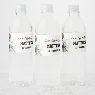 Watercolor Soccer Birthday Party Water Bottle Blue Label