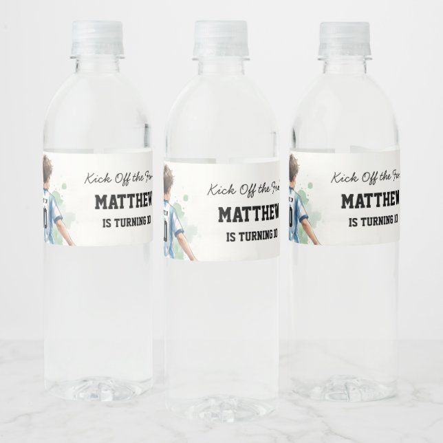 Watercolor Soccer Birthday Party Water Bottle Blue Label (Bottles)