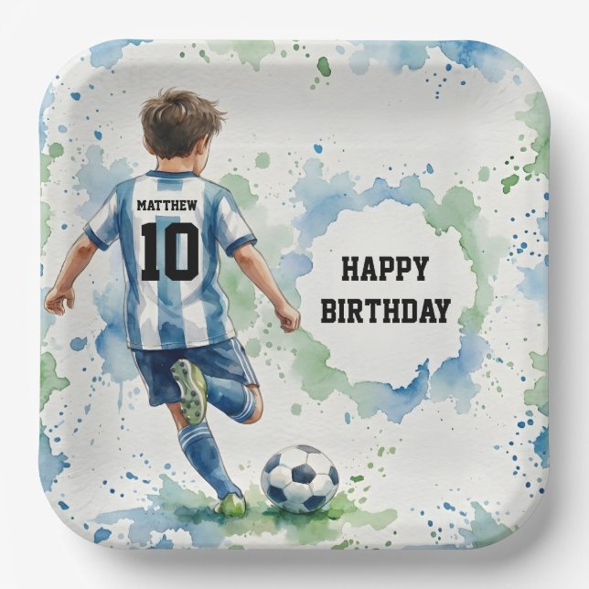 Watercolor Soccer Boy Birthday Blue Paper Plate (Front)