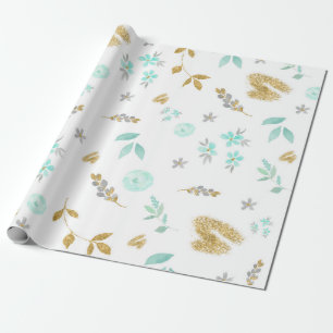Watercolor Soft Blue and Gold Glitter Floral Wrapping Paper