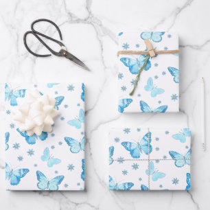 Watercolor Soft Blue Butterflies & Daisies Pattern Wrapping Paper Sheet