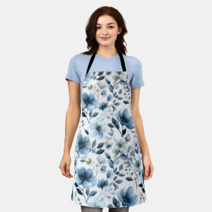 Watercolor Soft Blue Flower White Floral Pattern Apron