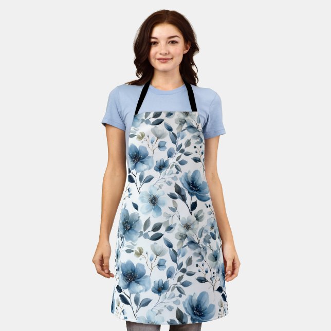 Watercolor Soft Blue Flower White Floral Pattern Apron (Worn)