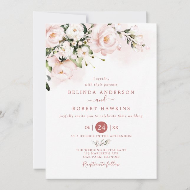 Watercolor soft blush pink floral Wedding Invitation (Front)
