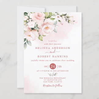 Watercolor soft blush pink Flowers Wedding Invitation
