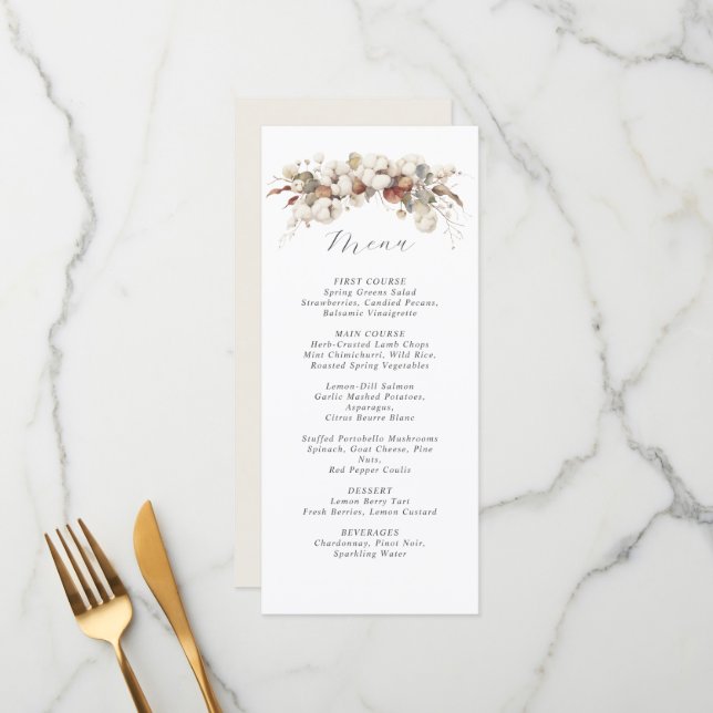 watercolor soft cotton & eucalyptus wedding menu (Front/Back In Situ)