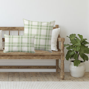 Watercolor Soft Green Plaid Farmhouse Cushion