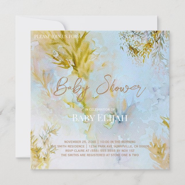 Watercolor Soft Heavenly Leaves Baby Shower Invitation (Front)