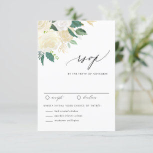 Watercolor Soft Ivory Flowers and Greenery Wedding RSVP Card