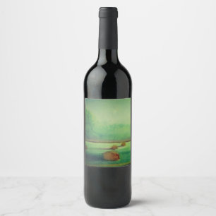 Watercolor soft meadow landscape hay fields wine label