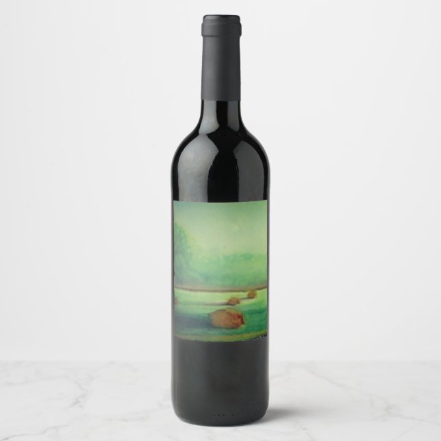Watercolor soft meadow landscape hay fields  wine label (Front)