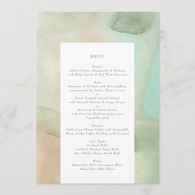Watercolor Soft Pastel Beach Wedding Menu (Front)