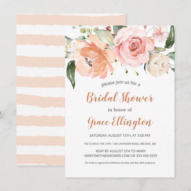 Watercolor soft peach roses Bridal Shower Invitation (Front/Back)