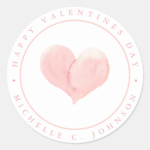 Watercolor Soft Pink Heart Happy Valentines Day Classic Round Sticker