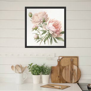 Watercolor Soft Pink Peach Peonies Square Poster