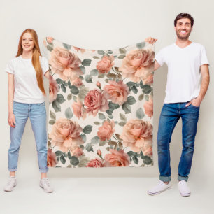 Watercolor Soft Pink Rose Beige Floral Pattern Fleece Blanket