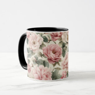 Watercolor Soft Pink Rose Beige Floral Pattern Mug