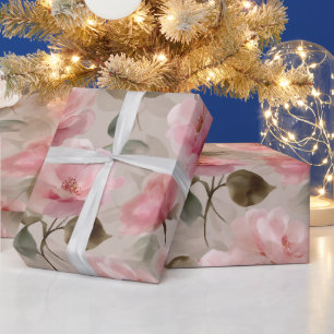 Watercolor Soft Pink Rose Beige Floral Pattern Wrapping Paper