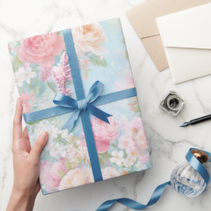 Watercolor Soft Pink Roses Sky Blue Back Floral Wrapping Paper