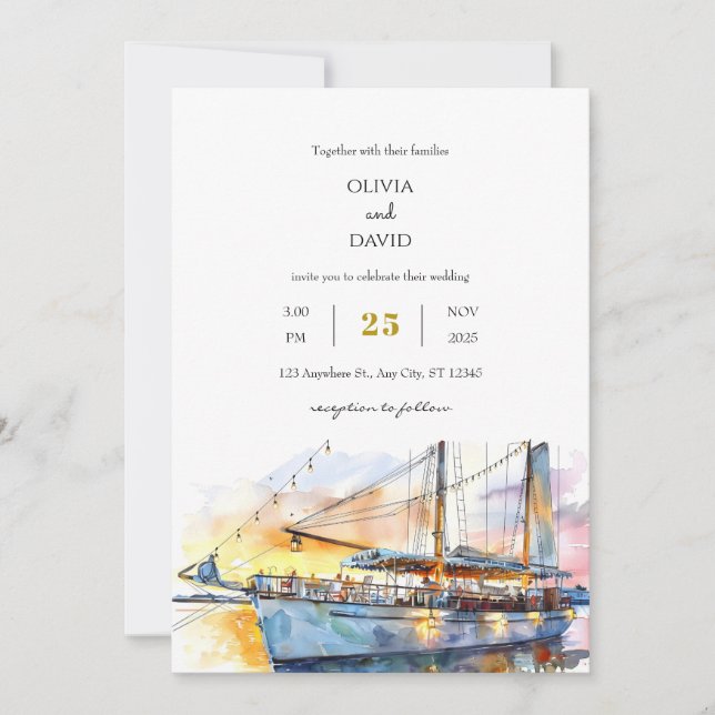Watercolor Soft Sunset Sky Sailboat Beach Wedding  Invitation (Front)