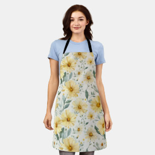 Watercolor Soft Yellow Daisy White Floral Pattern Apron