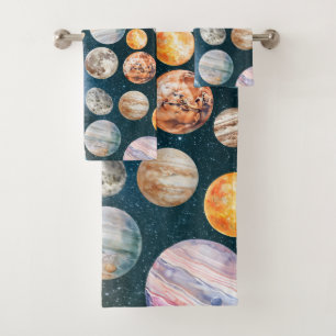 Watercolor Solar System Planets Outer Space Bath Towel Set