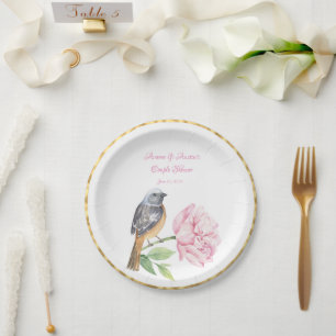 Watercolor Songbird and Rose Couple Shower   Paper Plate