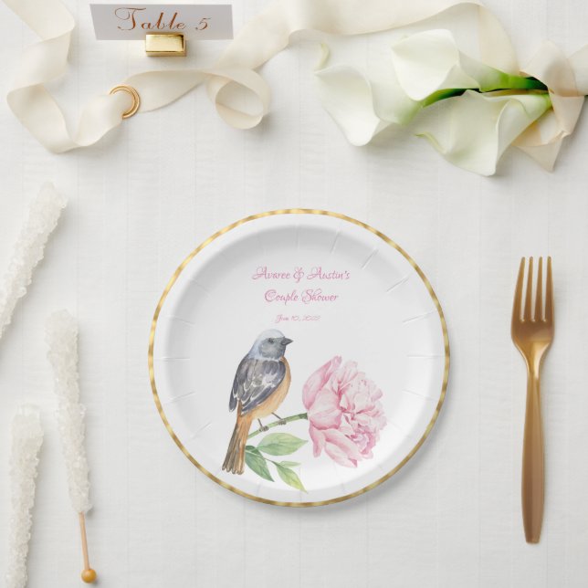 Watercolor Songbird and Rose Couple Shower   Paper Plate (Wedding)