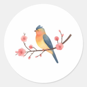 Watercolor Songbird on Pink Cherry Blossom Branch  Classic Round Sticker