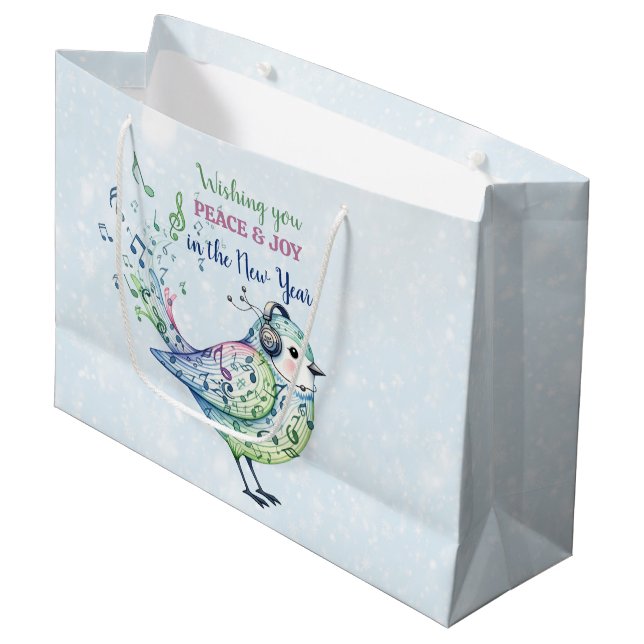 Watercolor Songbird Sending Christmas Wishes Large Gift Bag (Front Angled)