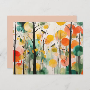 Watercolor Songbirds In Spring Forest Postcard