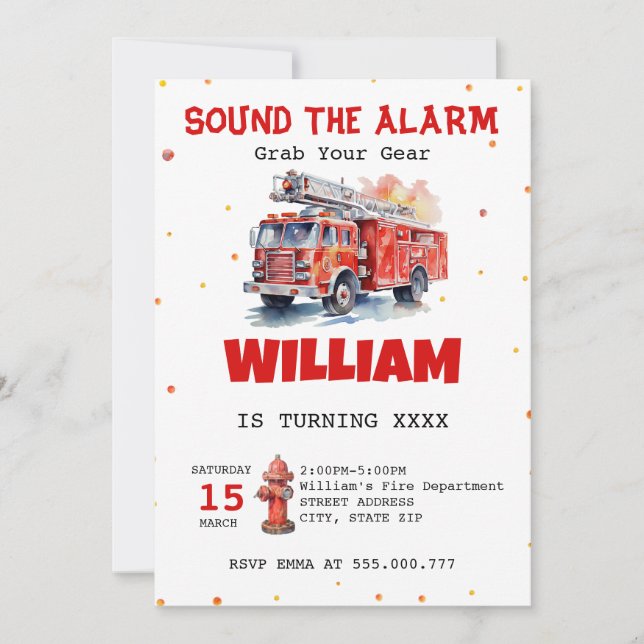 Watercolor Sound the Alarm Fireman Birthday Invitation (Front)