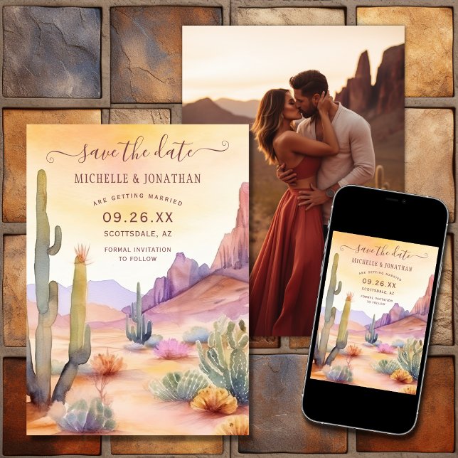 Watercolor Southwestern Desert Photo Wedding Save The Date (Printed and Digital - Watercolor Southwestern Desert Photo Wedding Save The Date)