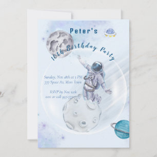 Watercolor Space and Astronaut Birthday invitation