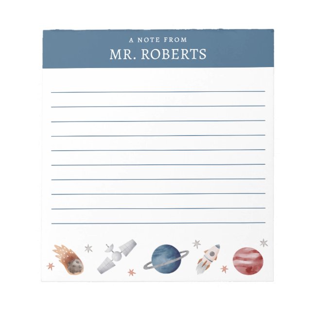 Watercolor Space and Planets Science Teacher Notepad (Front)