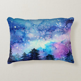 Watercolor Space Art: Night Sky Trees Decorative Cushion