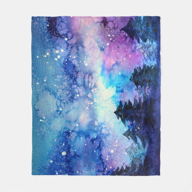Watercolor Space Art: Night Sky Trees Fleece Blanket (Front)