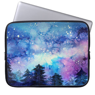 Watercolor Space Art: Night Sky Trees Laptop Sleeve