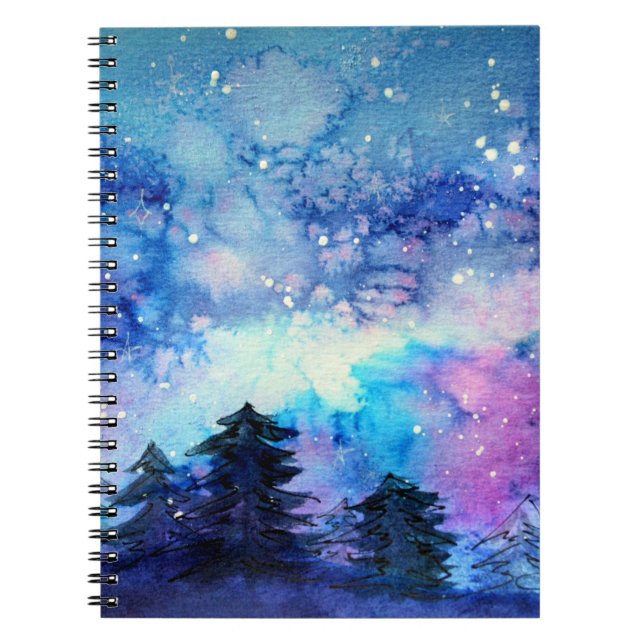 Watercolor Space Art: Night Sky Trees Notebook (Front)