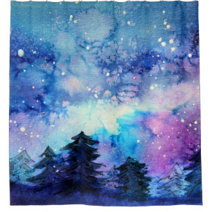 Watercolor Space Art: Night Sky Trees Shower Curtain