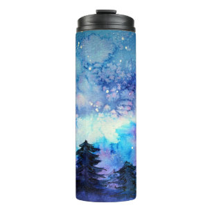 Watercolor Space Art: Night Sky Trees Thermal Tumbler
