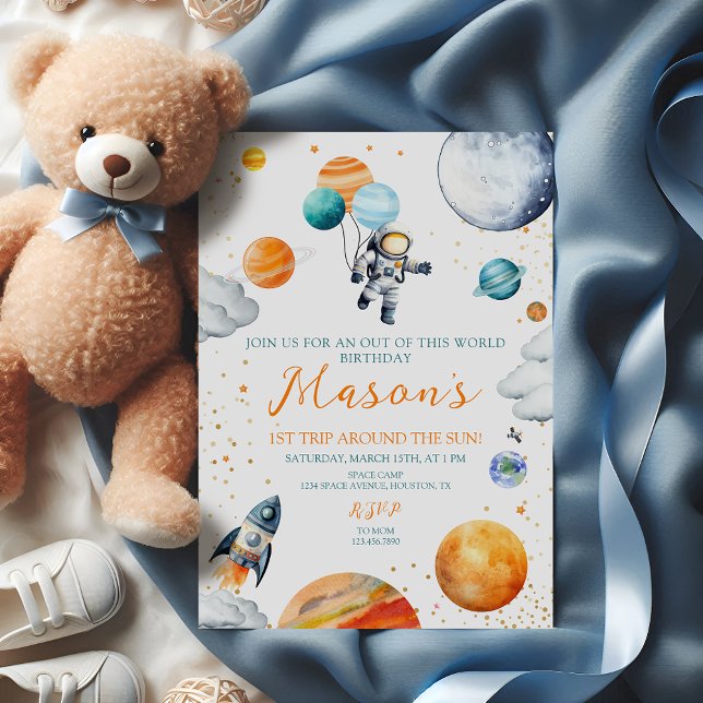 Watercolor Space Astronaut 1st Birthday Invitation (Creator Uploaded)