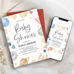 Watercolor Space Baby Boy Shower Invitation