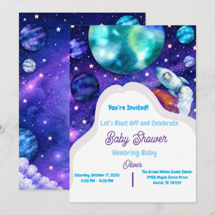 Watercolor Space Baby Shower Rocket Invitation