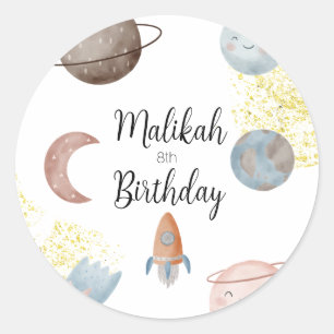 Watercolor Space Birthday Party for Boy or Girl Classic Round Sticker