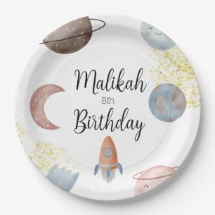 Watercolor Space Birthday Party for Boy or Girl Paper Plate
