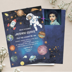 Watercolor Space Birthday Photo invitation  baby S