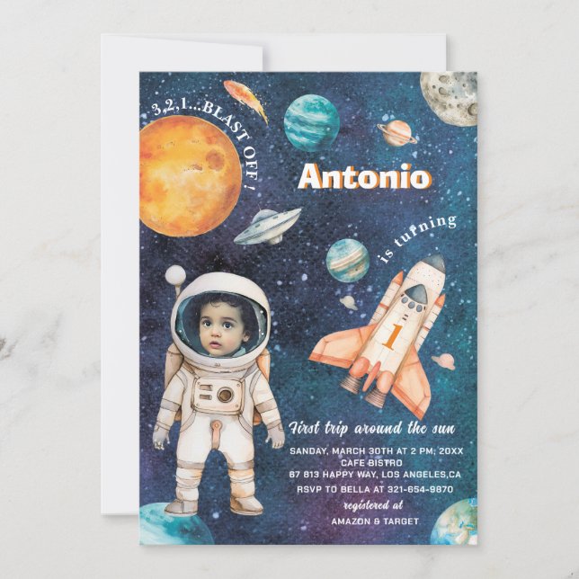 Watercolor Space Birthday Photo invitation  baby S (Front)