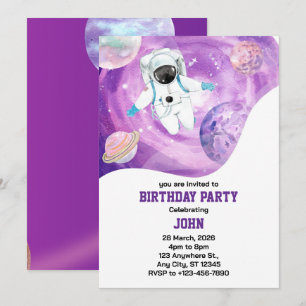 Watercolor Space Galaxy Astronaut Birthday Invitation